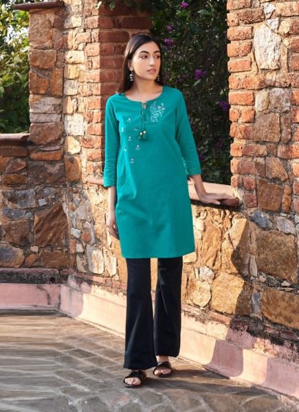 Teal Blue Cotton Embroidered Office-Wear Straight-Line Readymade Kurti