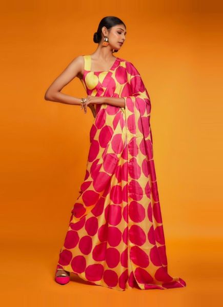 Magenta & Yellow Satin Digitally Printed Party-Wear Carnival Saree