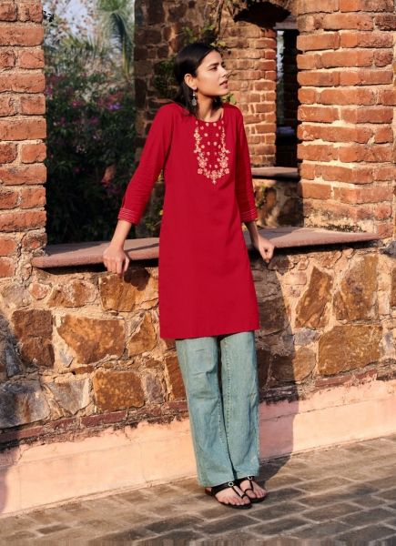 Red Cotton Embroidered Office-Wear Straight-Line Readymade Kurti