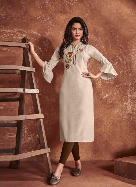 Beige Cotton With Embroidery Work & Balloon Sleeves Readymade Kurti