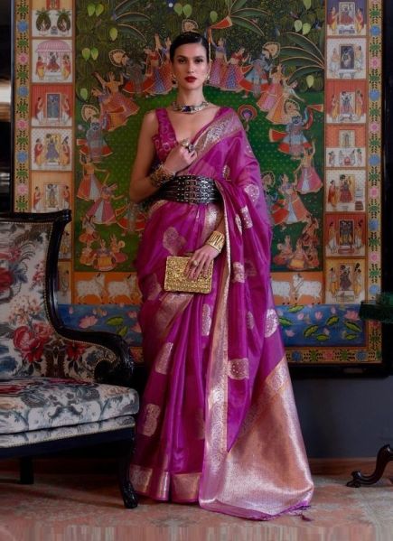 Purple Two Tone Handloom Organza Sequins-Work Weaving Festive-Wear Saree