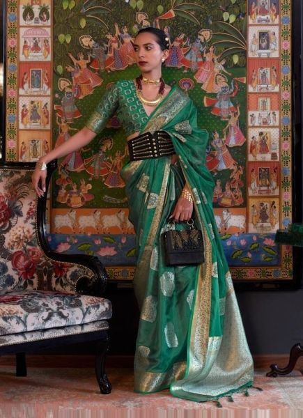 Dark Green Two Tone Handloom Organza Sequins-Work Weaving Festive-Wear Saree