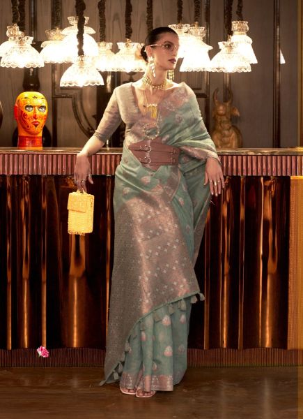 Light Sage Green Linen Silk Saree with Copper Zari Silk Weaving