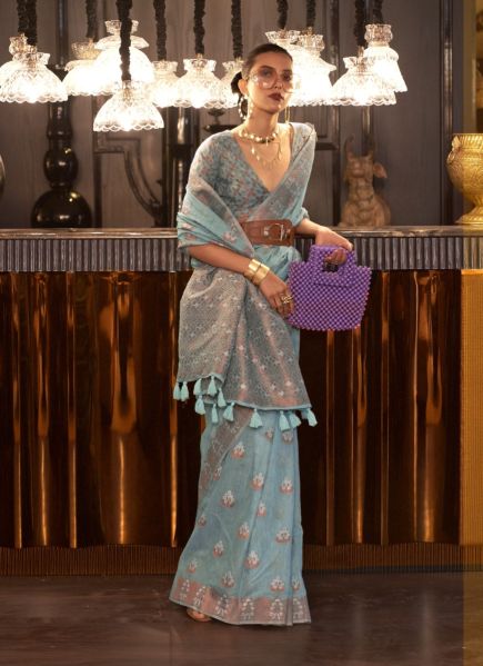 Light Blue Linen Silk Saree with Copper Zari Silk Weaving