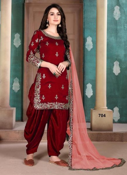 Red Art Silk Patiala Salwar Suit 