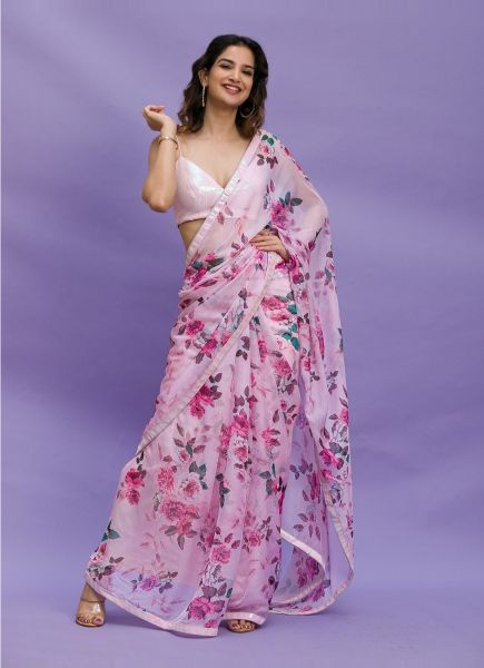 Pink Chinon Digitally Printed Sequins-Work Saree For Kitty Parties