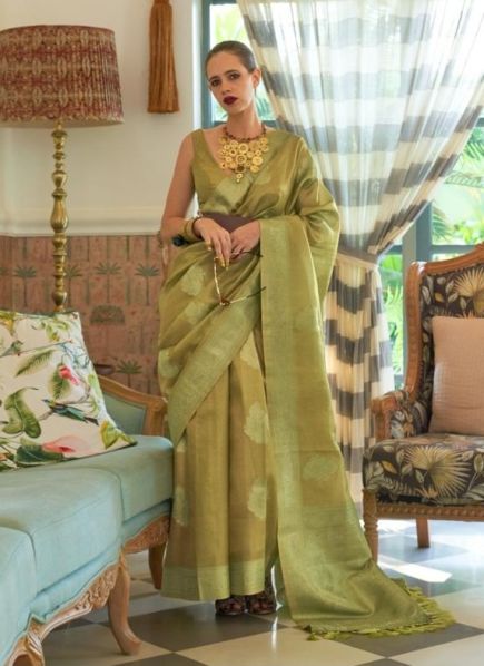 Olive Green Satin With Tissue Weave Party-Wear Saree [Kalki Koechlin Collection]
