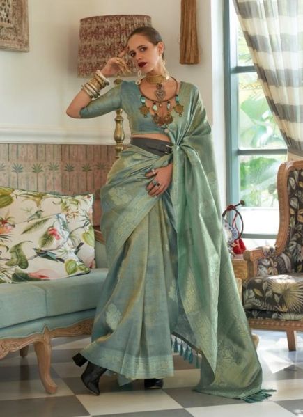 Light Teal Blue Satin With Tissue Weave Party-Wear Saree [Kalki Koechlin Collection]