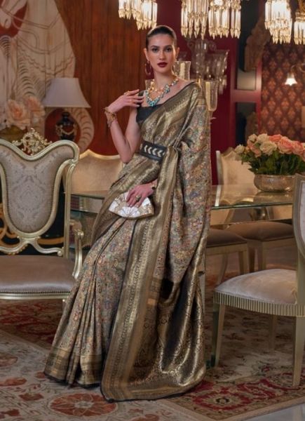 Gray Silk Kashmiri Chaap Handloom Silk Festive-Wear Saree