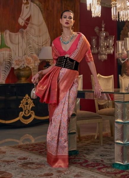 Pink Silk Kashmiri Chaap Handloom Silk Festive-Wear Saree