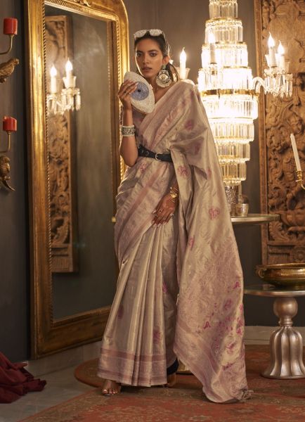 Beige Silk Handloom Weaving Festive-Wear Saree