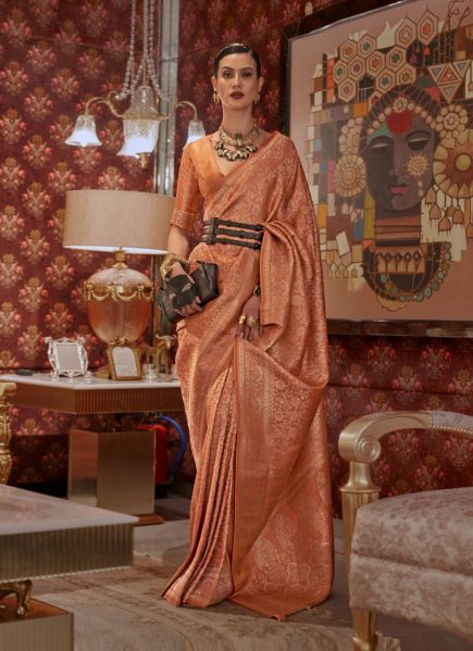 Dark Orange Two-Tone Nylon Silk Saree with Multi-Zari Handloom Weaving