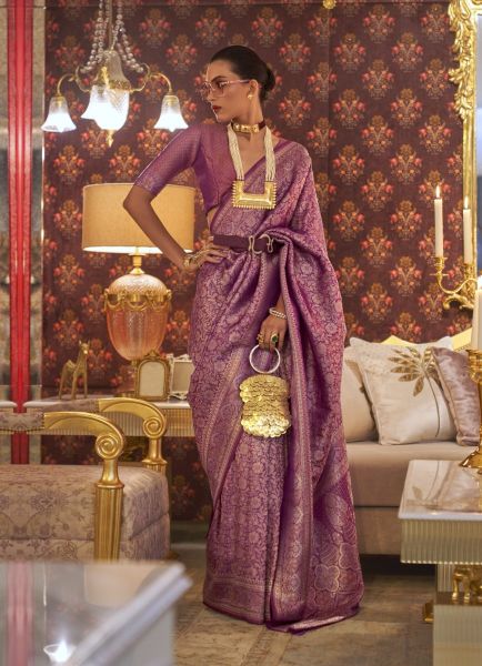 Purple Two-Tone Nylon Silk Saree with Multi-Zari Handloom Weaving