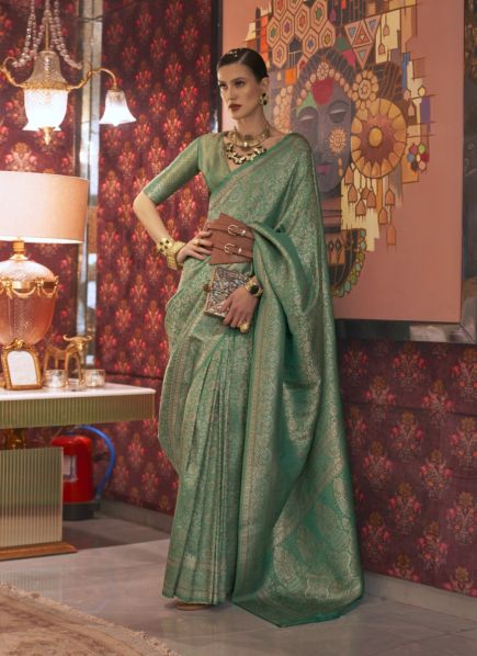 Sea Green Two-Tone Nylon Silk Saree with Multi-Zari Handloom Weaving