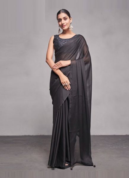 Black Chiffon Sequins-Work Carnival Saree For Kitty Parties