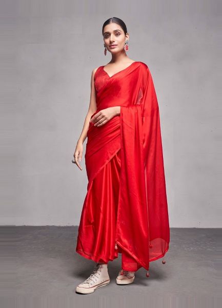 Red Chiffon Plain Carnival Saree For Kitty Parties