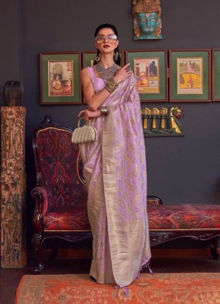 Lilac Handloom Silk Party-Wear Saree
