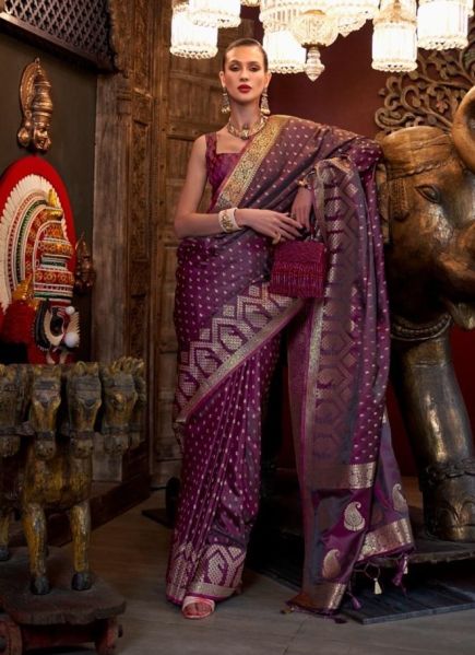 Purple Woven Soft Silk Saree For Traditional / Religious Occasions