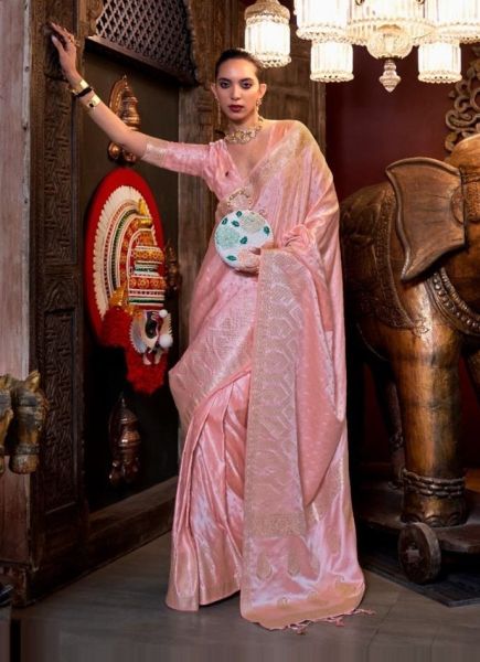 Pink Woven Soft Silk Saree For Traditional / Religious Occasions