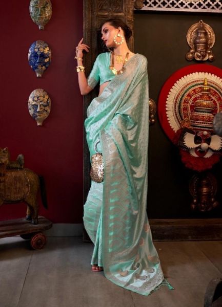 Light Mint Green Woven Soft Silk Saree For Traditional / Religious Occasions