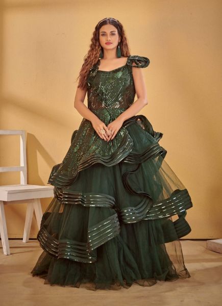 Dark Green Imported Net Sequins-Work Wedding-Wear Readymade Gown