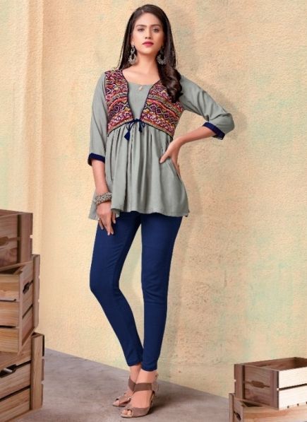 Gray Rayon Short Top (With Embroidery Work)