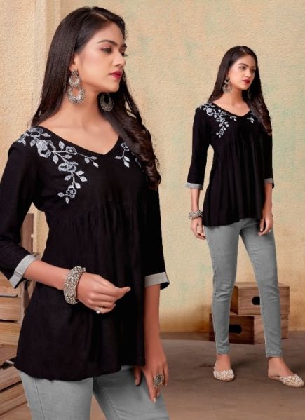 Black Rayon Short Top (With Embroidery Work) 