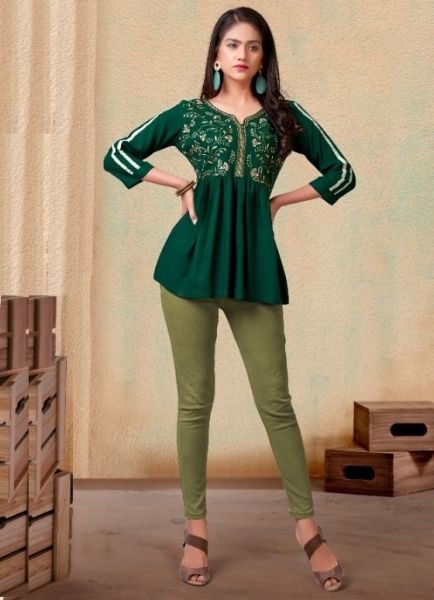 Green Rayon Short Top (With Embroidery Work)
