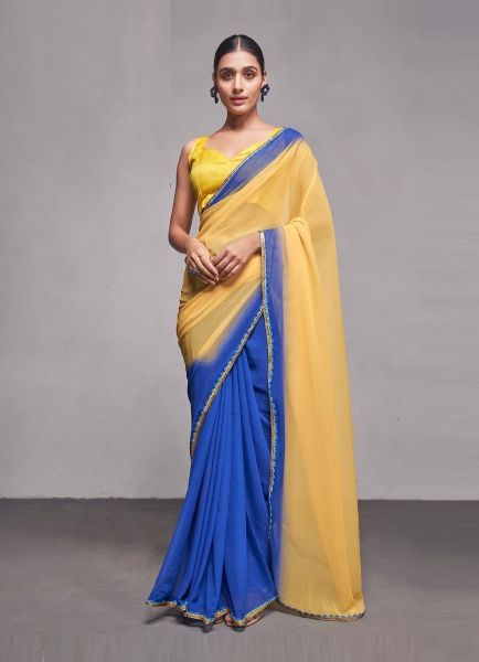 Blue & Yellow Georgette Printed Saree For Kitty Parties