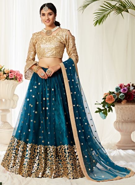 Teal Blue & Gold Net With Silk Satin 2 Layer Party-Wear Lehenga Choli