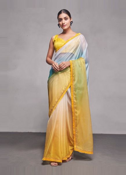 Yellow Organza Shaded Party-Wear Boutique-Style Saree