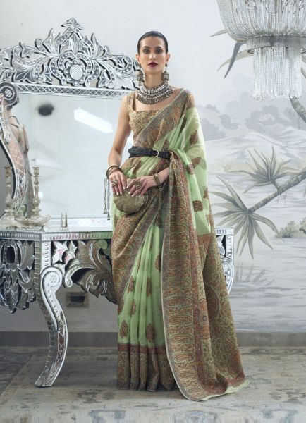 Light Green Silk Handloom Weaving Festive-Wear Kashmiri Saree