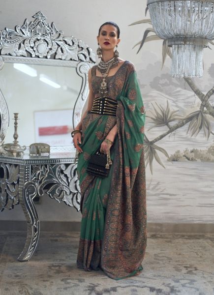 Green Silk Handloom Weaving Festive-Wear Kashmiri Saree