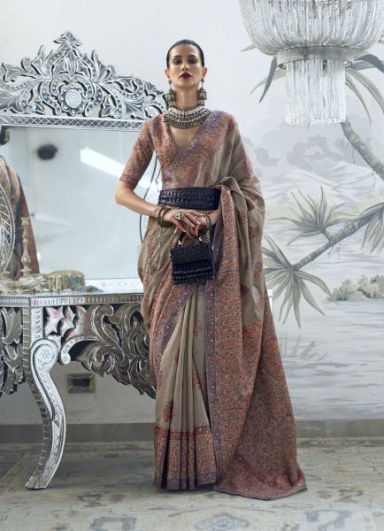 Gray Silk Handloom Weaving Festive-Wear Kashmiri Saree