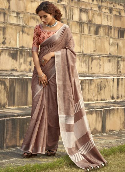 Light Brown Soft linen Silk with Khadi Print Saree