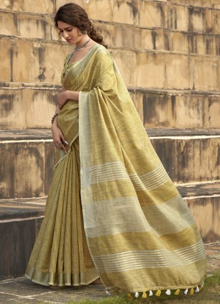 Yellow Soft linen Silk with Khadi Print Saree