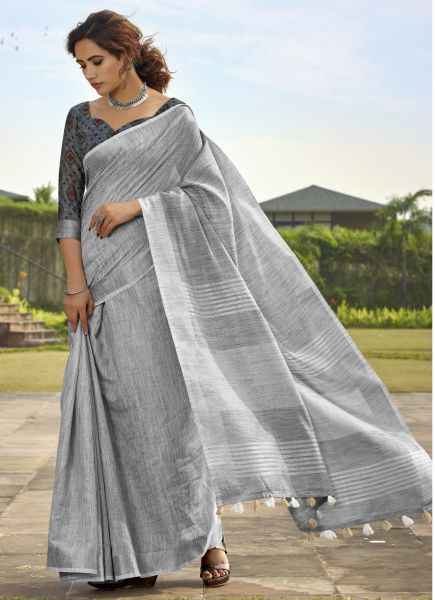 Gray Soft linen Silk with Khadi Print Saree