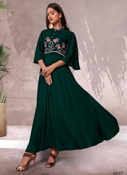 Dark Green Rayon Floor-Length Gown 