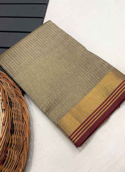 Beige Woven Silk Checks Saree For Traditional / Religious Occasions