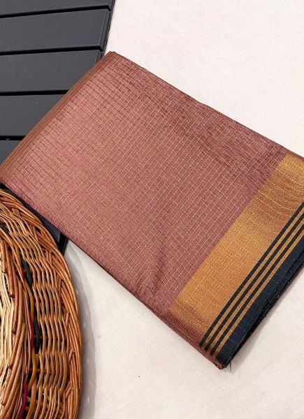 Light Coral Woven Silk Checks Saree For Traditional / Religious Occasions