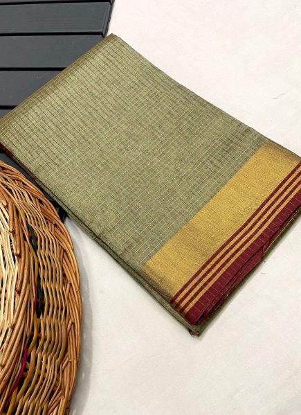 Sage Green Woven Silk Checks Saree For Traditional / Religious Occasions