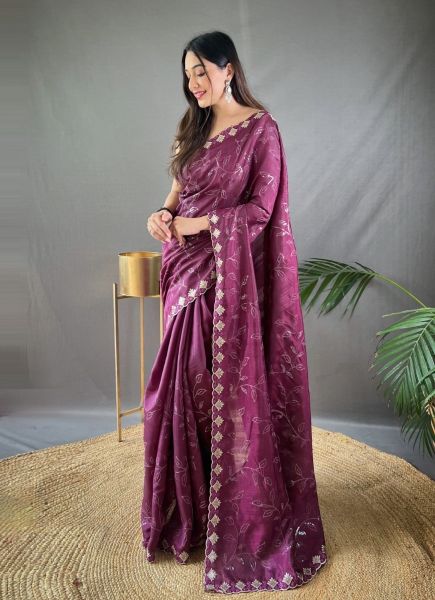 Purple Silk Thread-Work Party-Wear Boutique-Style Saree