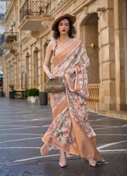 White & Light Salmon Handloom Brasso Sequins Work Saree For Traditional / Religious Occasions