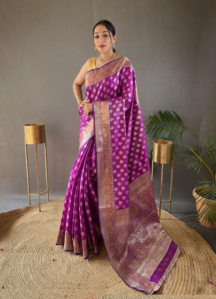 Purple Banarasi Silk Woven Saree For Traditional / Religious Occasions