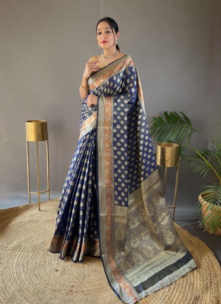 Navy Blue Banarasi Silk Woven Saree For Traditional / Religious Occasions