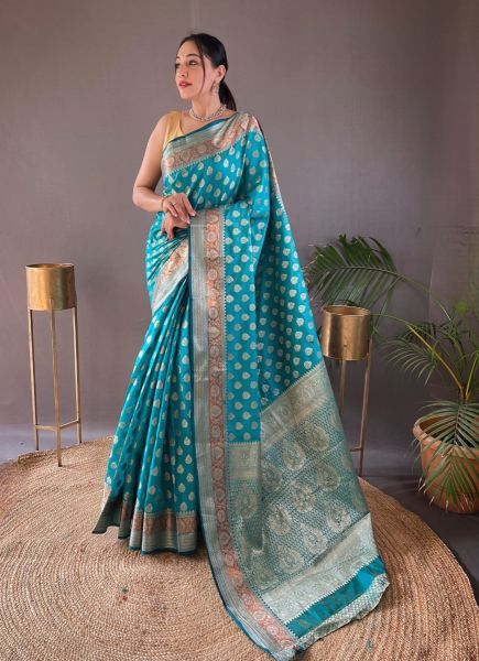 Aqua Banarasi Silk Woven Saree For Traditional / Religious Occasions