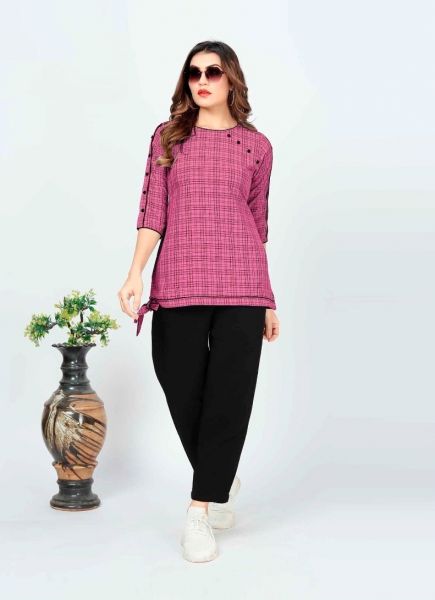 Hot Pink Cotton Weaving College-Wear Readymade Short Top