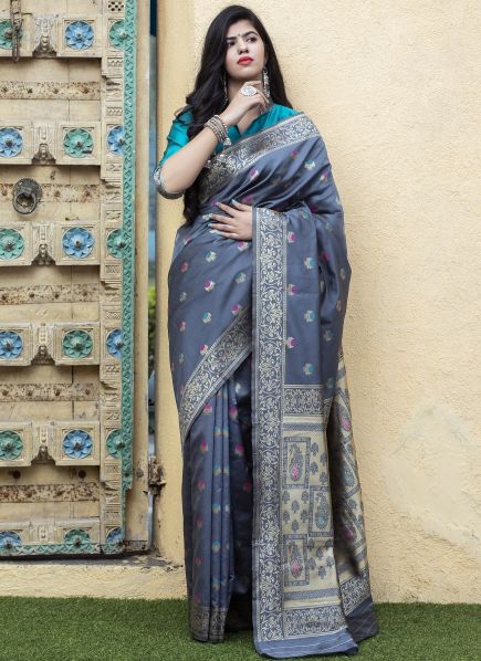 Gray Banarasi Silk Saree