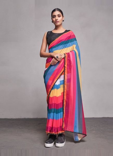 Multicolor Georgette Printed Party-Wear Sequins-Work Saree