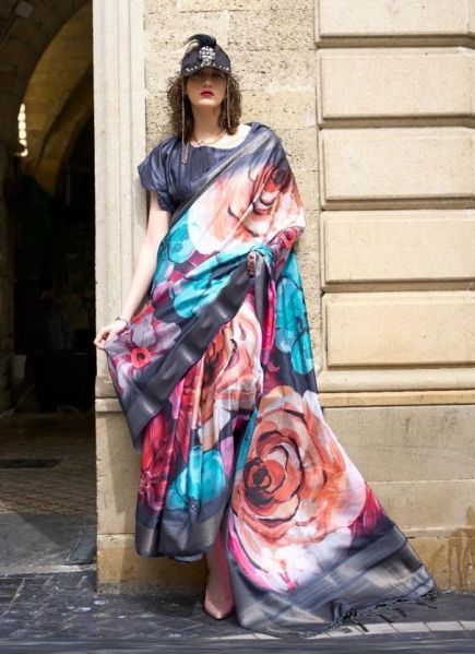 Multicolor Woven Silk Floral Digital Print Party-Wear Saree